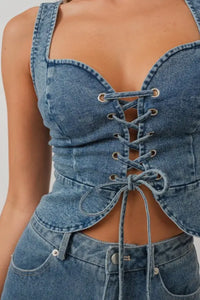 Front Lace-Up Denim Corset Top