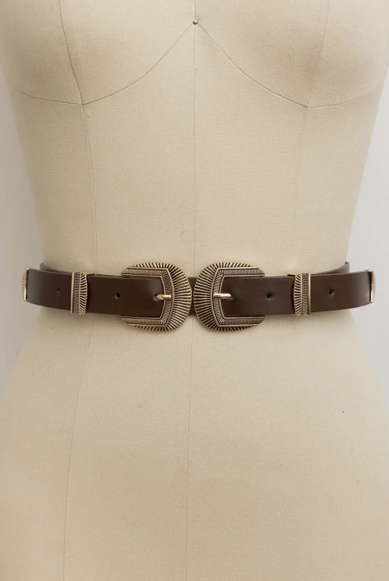 Western Double Buckle Faux Leather Style Belt