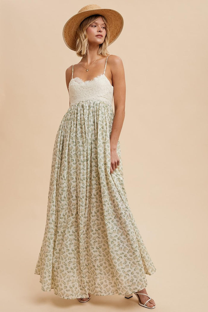 Cotton Floral Maxi Dress with Lace Detail